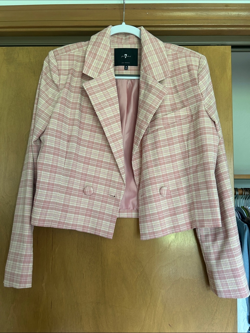 7 For All Mankind Pink Plaid Cropped Blazer